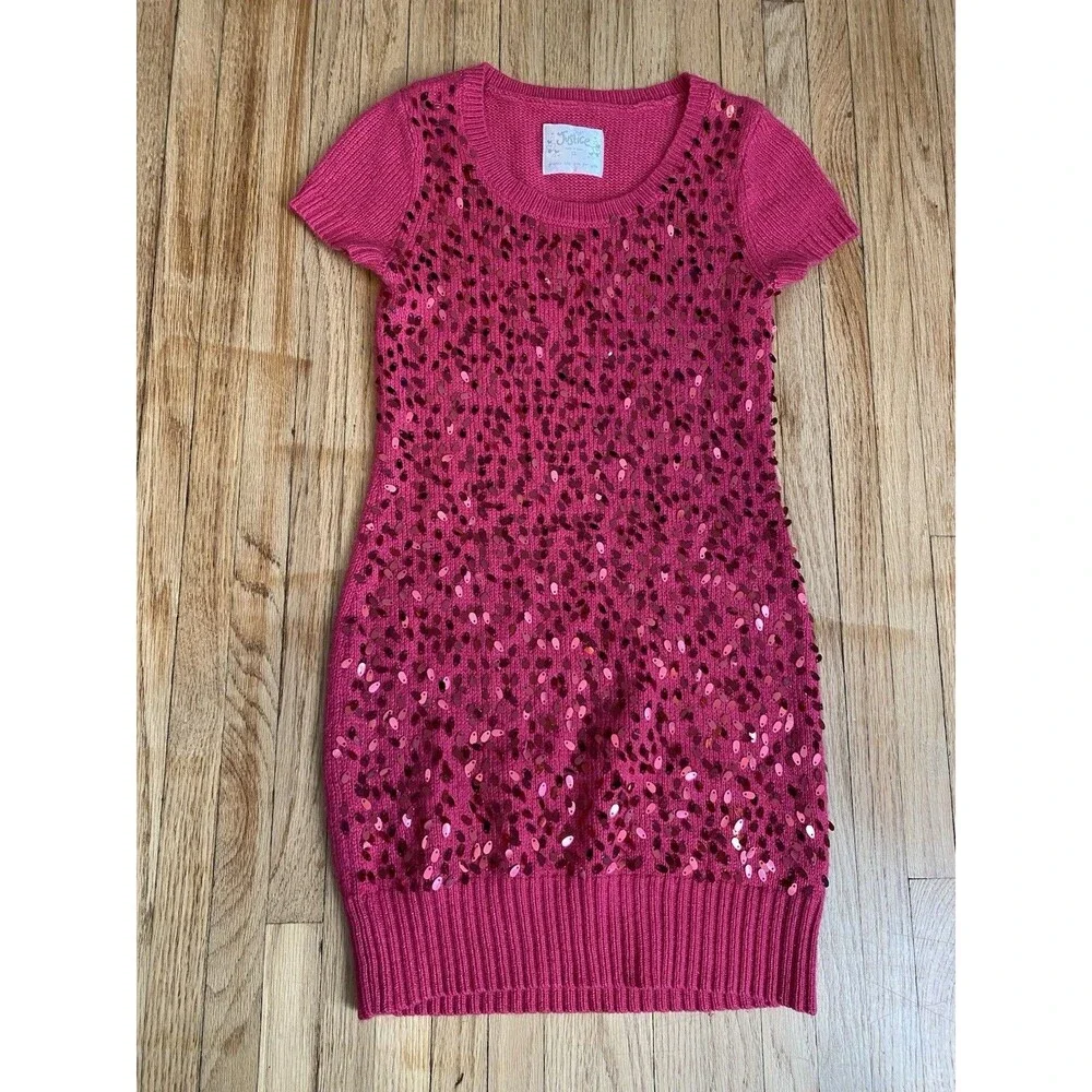 Justice Girl 12 Hot Pink Sequin Sweat Dress Short Sleeve